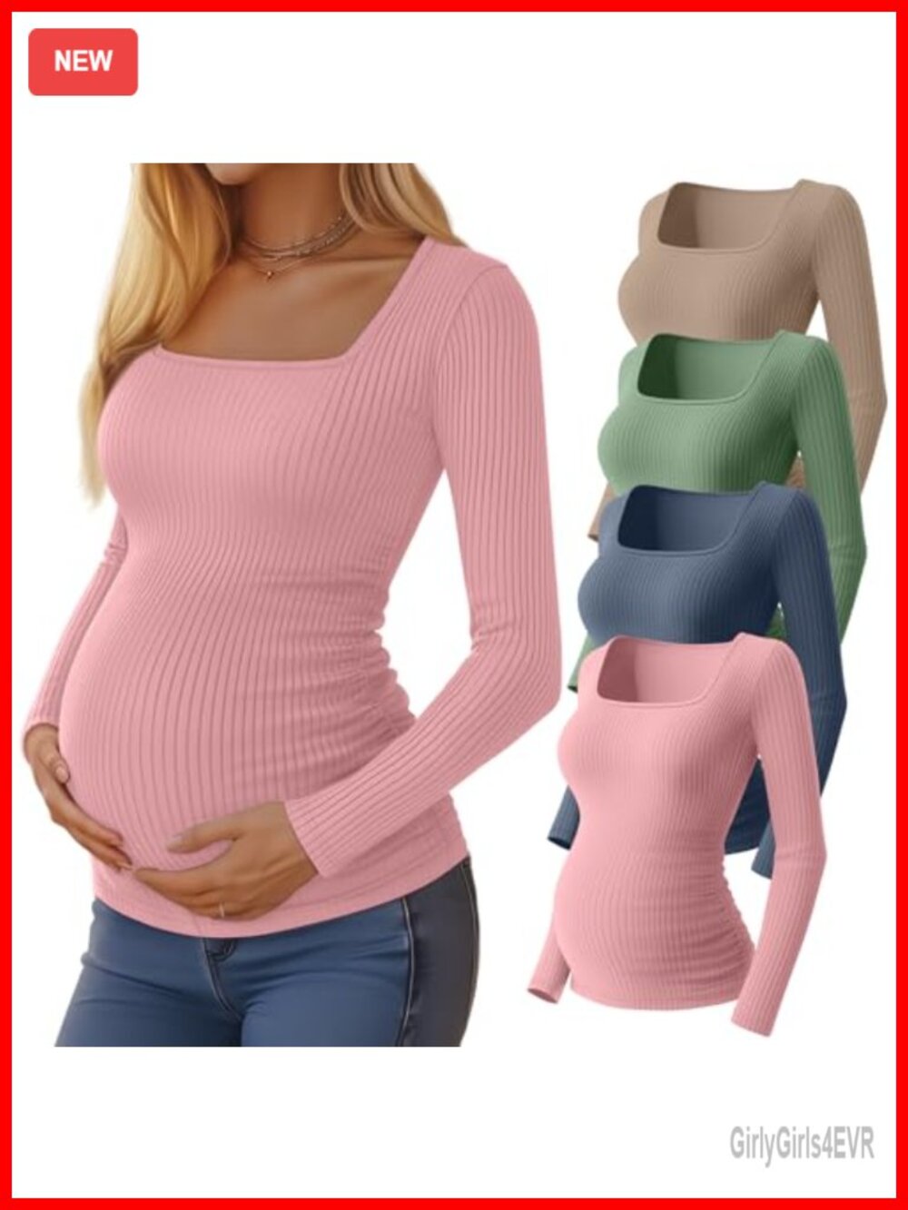 Huukeay 4 Pack Women's Maternity Ribbed Tops Square Neck Long Sleeve Tee